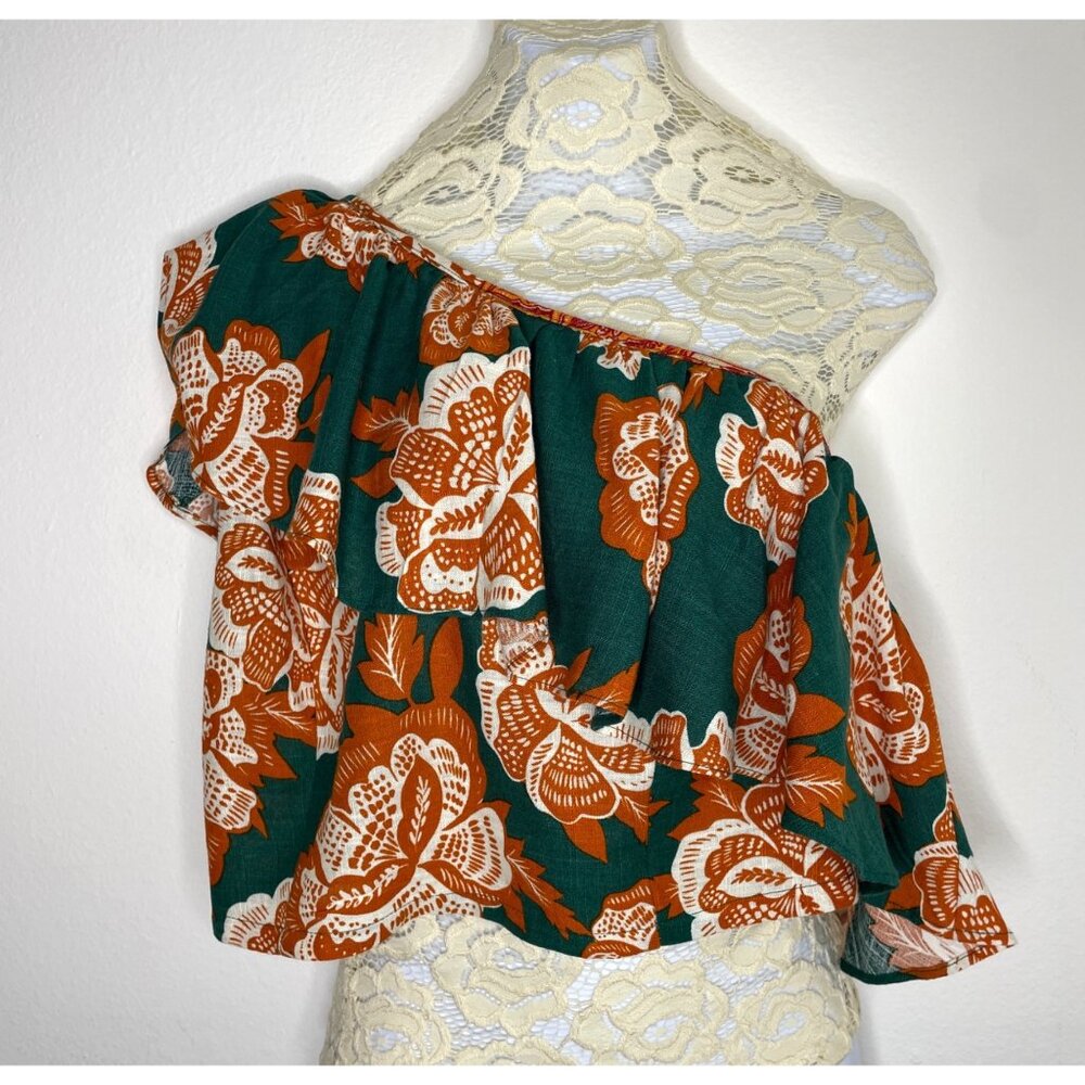 City Chic One Shoulder Top Womens M Floral Ruffle Smocked Crop Boho Peasant‎